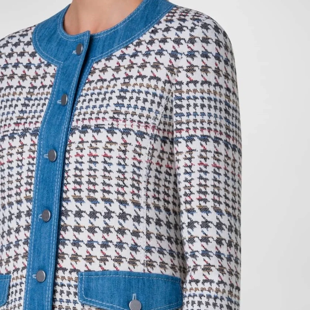 Akris Punto denim trim houndstooth Jacquard collarless Jacket 8 - Picture 5 of 11
